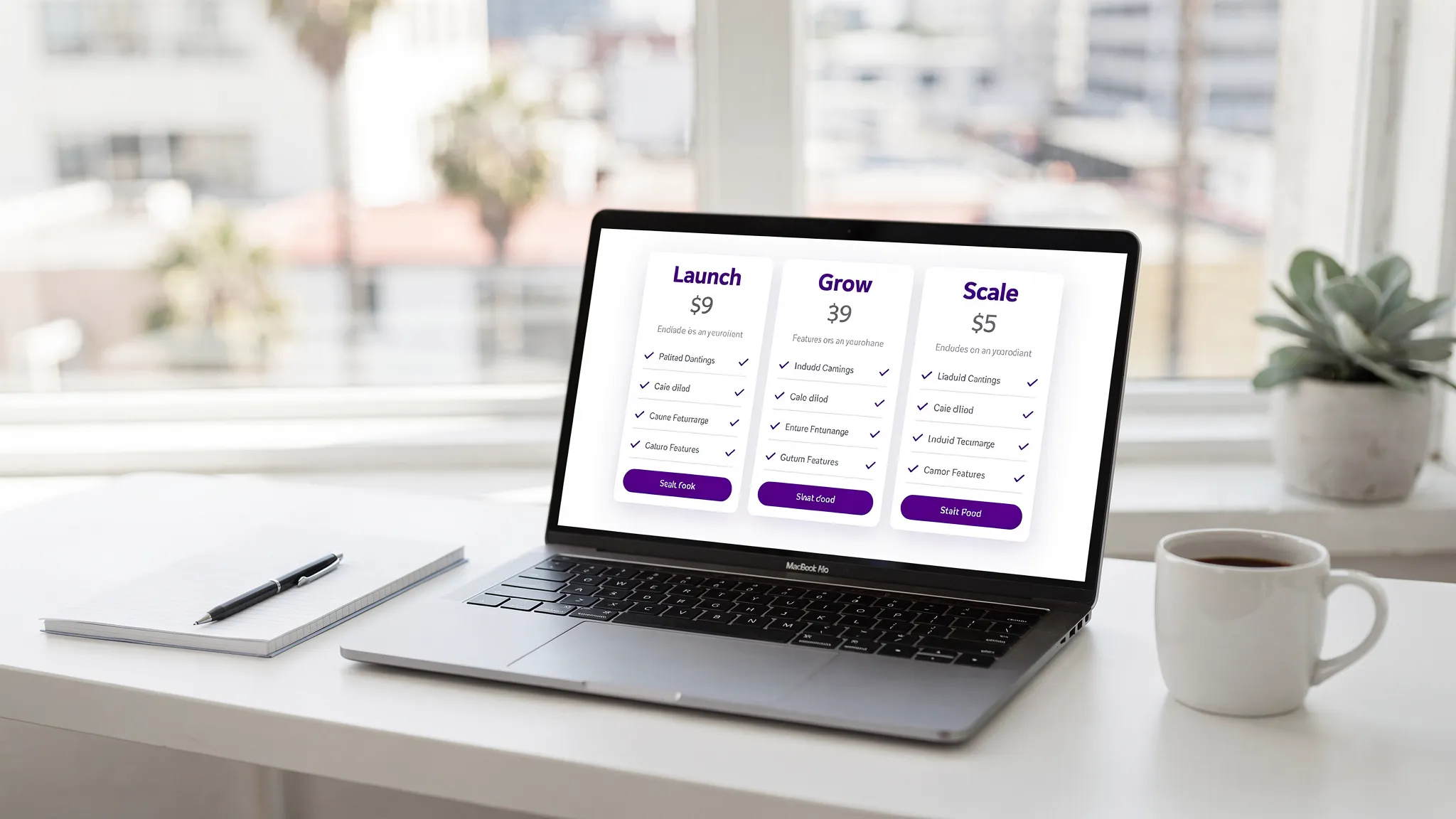 A clean three-tier pricing comparison layout on a laptop screen, showing Launch, Grow, and Scale plans with feature checkmarks, beside a notepad and coffee on a minimalist desk in a bright Los Angeles studio.