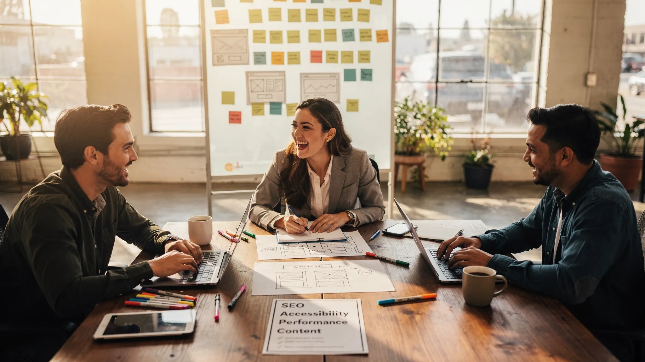 A small business owner meets with two web designers in a bright Los Angeles studio. On the table are sketched wireframes, a sitemap, and a checklist labeled SEO, Accessibility, Performance, and Content. Sticky notes on a wall show Local SEO and Automation.
