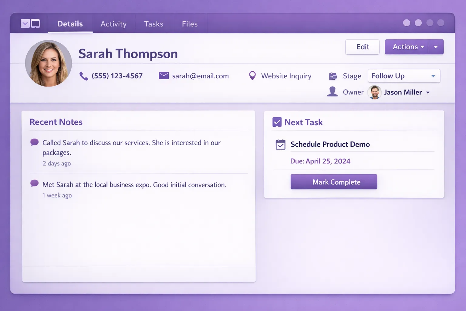 A clean CRM contact record view showing key fields like name, phone, email, lead source, stage, owner, recent notes, and a visible next task with due date, designed for a small local business sales workflow.