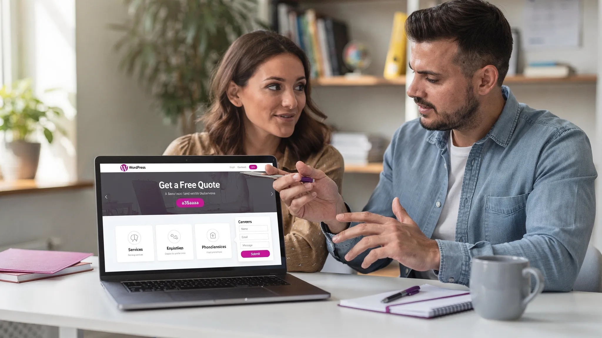 A local service business owner reviewing a WordPress website wireframe with a developer, with a clear call-to-action button, service sections, and a contact form visible on a laptop screen facing the viewer.