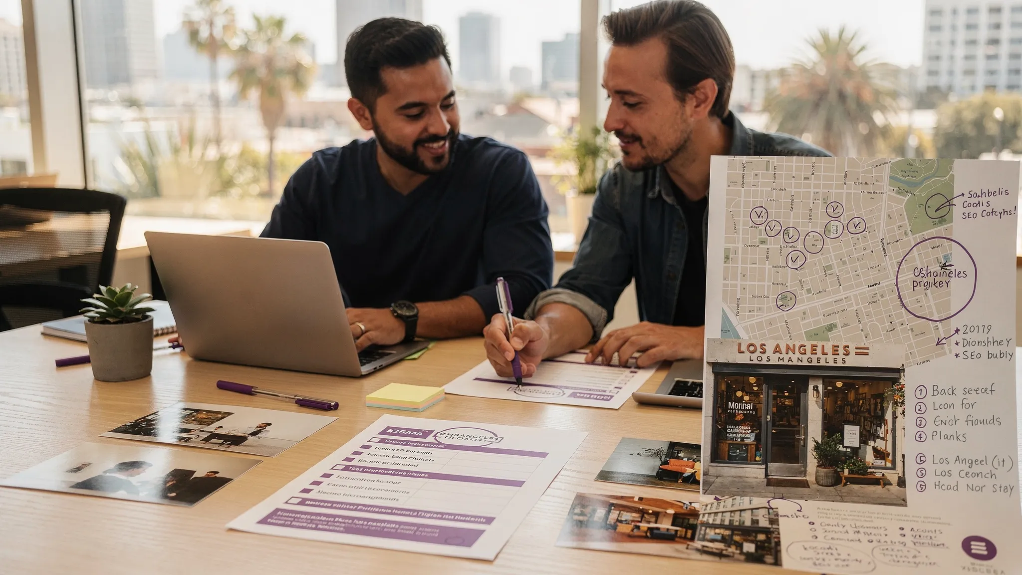 A Los Angeles small business owner and a web designer sit at a table with a printed website checklist, brand photos spread out, and a map of LA neighborhoods on paper, planning site pages and local SEO priorities.