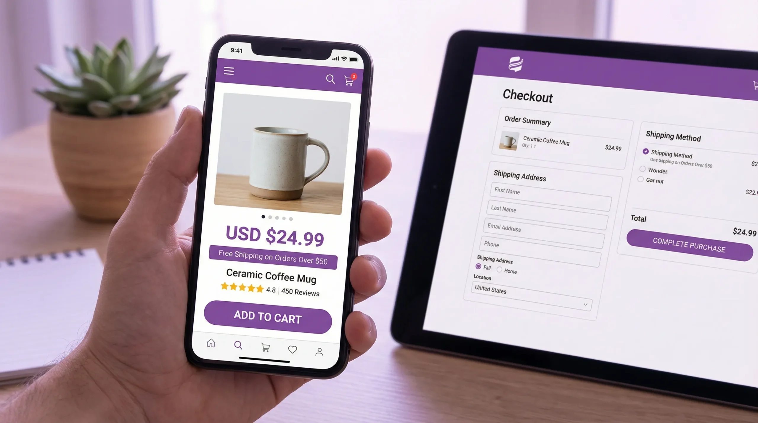 A mobile ecommerce product page shown next to a simple checkout screen, highlighting clear pricing, shipping info, reviews, and an obvious call-to-action button.