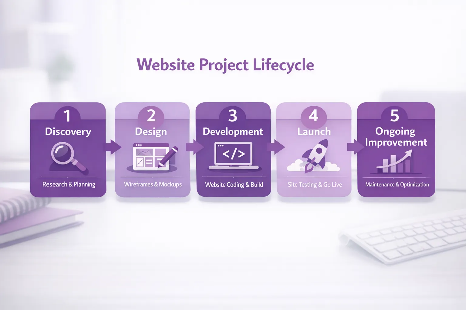 A simple 5-step flow diagram showing the website project lifecycle: Discovery, Design, Development, Launch, Ongoing Improvement.