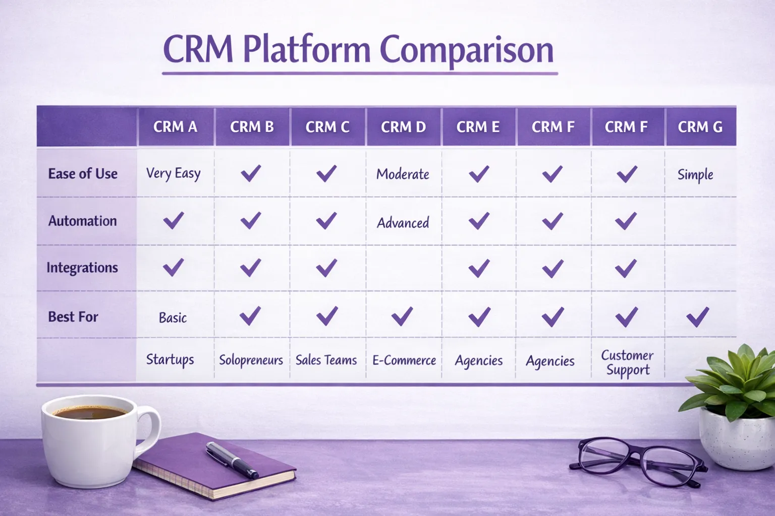 A simple comparison matrix illustration showing seven CRM platforms as columns and rows for criteria like “ease of use,” “automation,” “integrations,” and “best for,” with checkmarks and short notes, designed for a small business audience.
