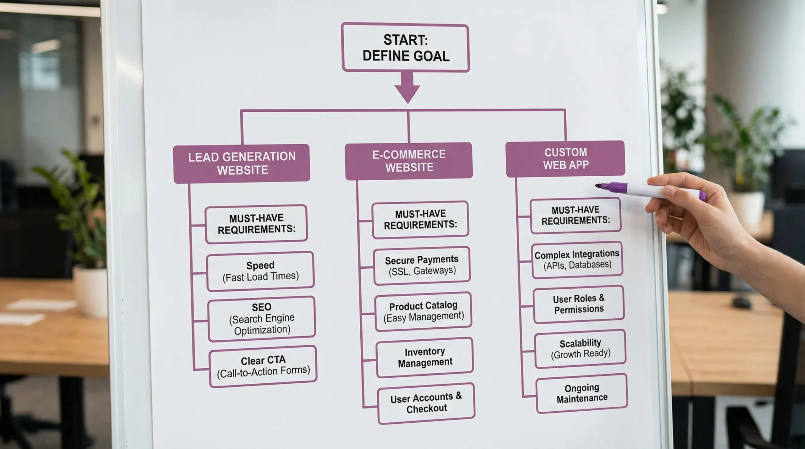 A simple decision flow chart showing three paths, lead generation website, e-commerce website, or custom web app, each with 3 to 4 must-have requirements like speed, SEO, payments, integrations, and maintenance.