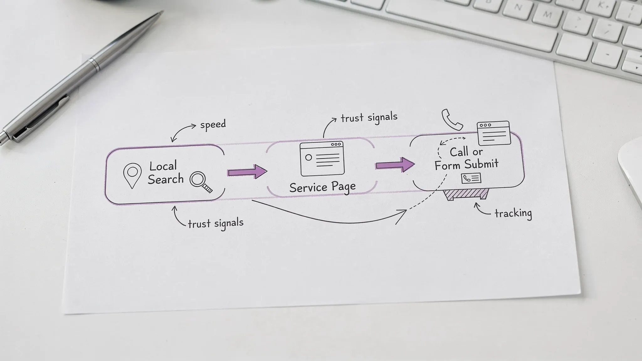 A simple diagram of a local lead funnel showing “Local Search” flowing into “Service Page” then into “Call or Form Submit,” with side notes for speed, trust signals, and tracking.