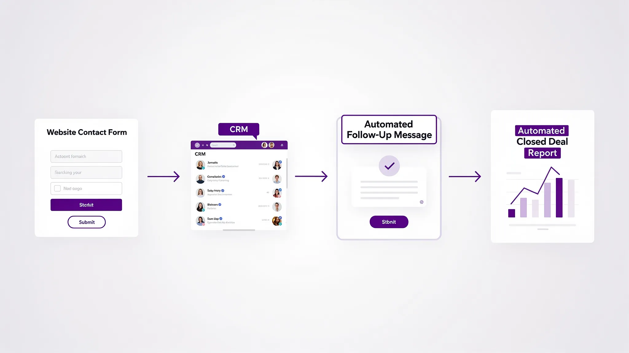 A simple four-step diagram showing a website contact form flowing into a CRM, then an automated follow-up message, then a booked appointment, then a closed deal report, with each step represented by a labeled box and an arrow.