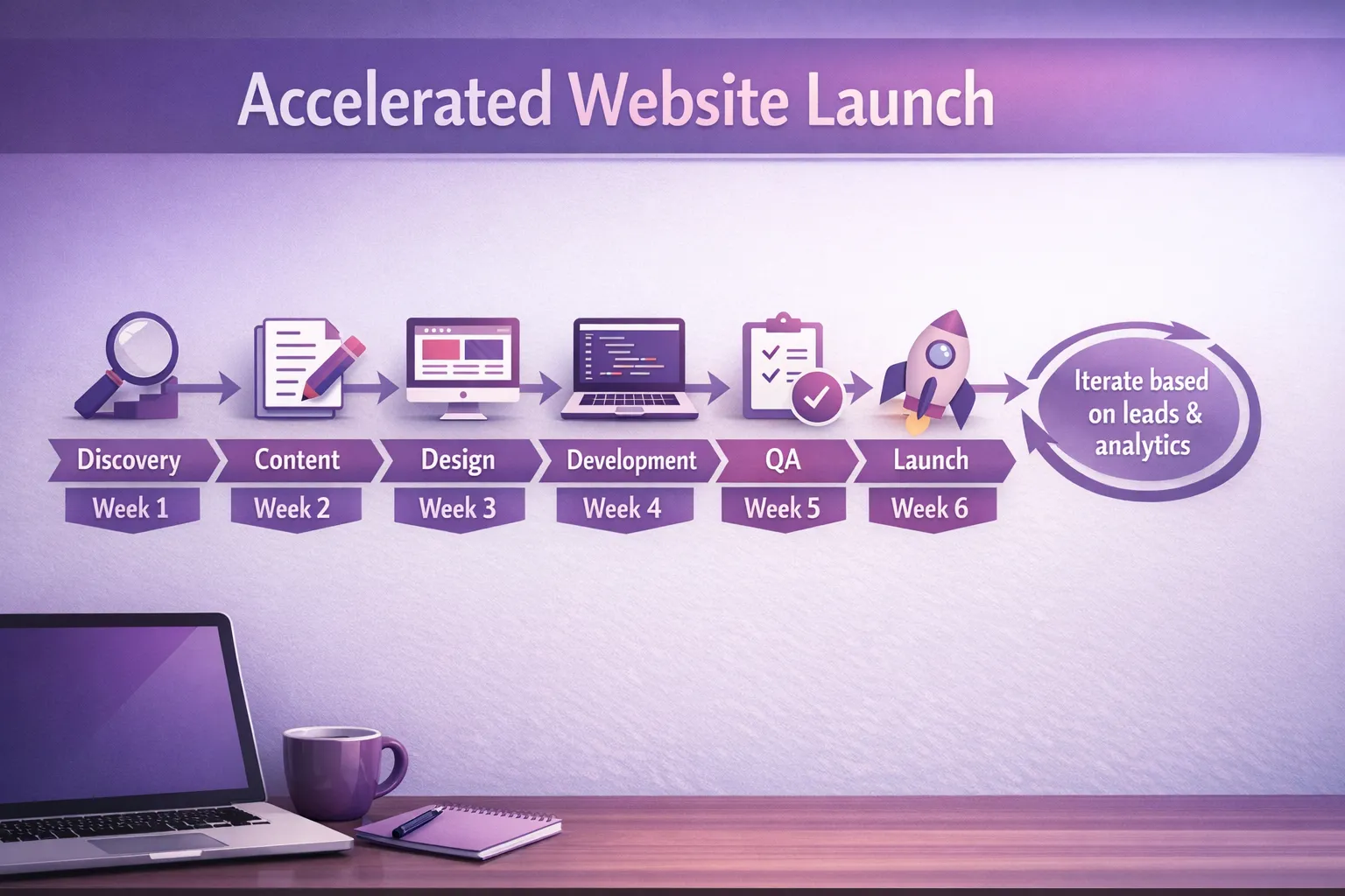 A simple timeline graphic showing an accelerated website launch: Discovery, Content, Design, Development, QA, and Launch, with arrows indicating weekly progression and a small loop after launch labeled “Iterate based on leads and analytics.”
