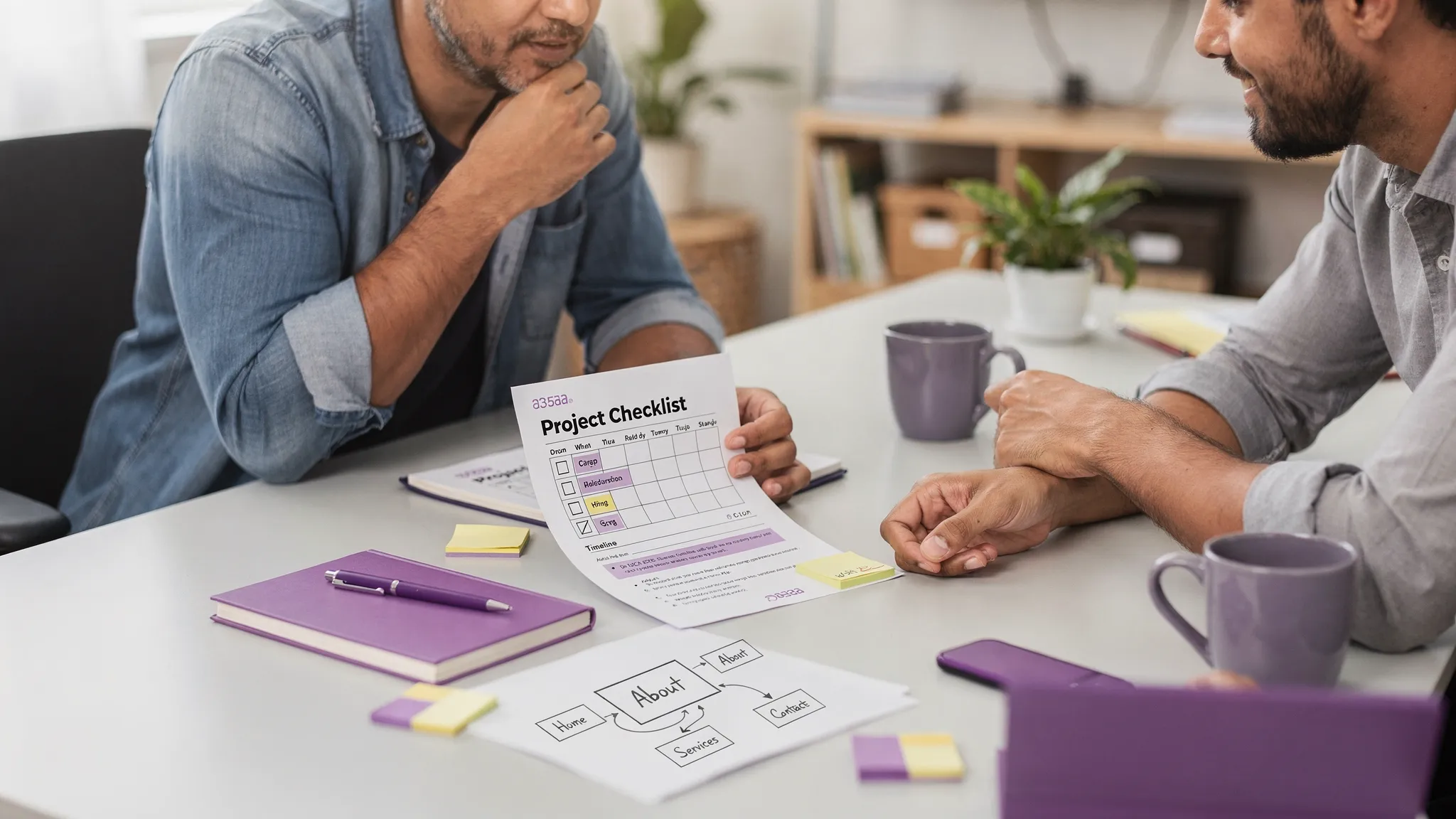 A small business owner and a developer seated at a table reviewing a web development proposal, with a printed checklist, timeline calendar, and a simple site map sketch on paper.