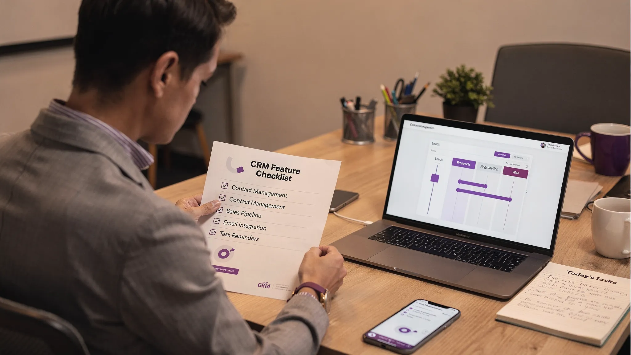 A small business owner at a desk reviewing a CRM feature checklist on paper while a laptop displays a simple sales pipeline; a phone and a notepad are on the desk, suggesting day-to-day use.