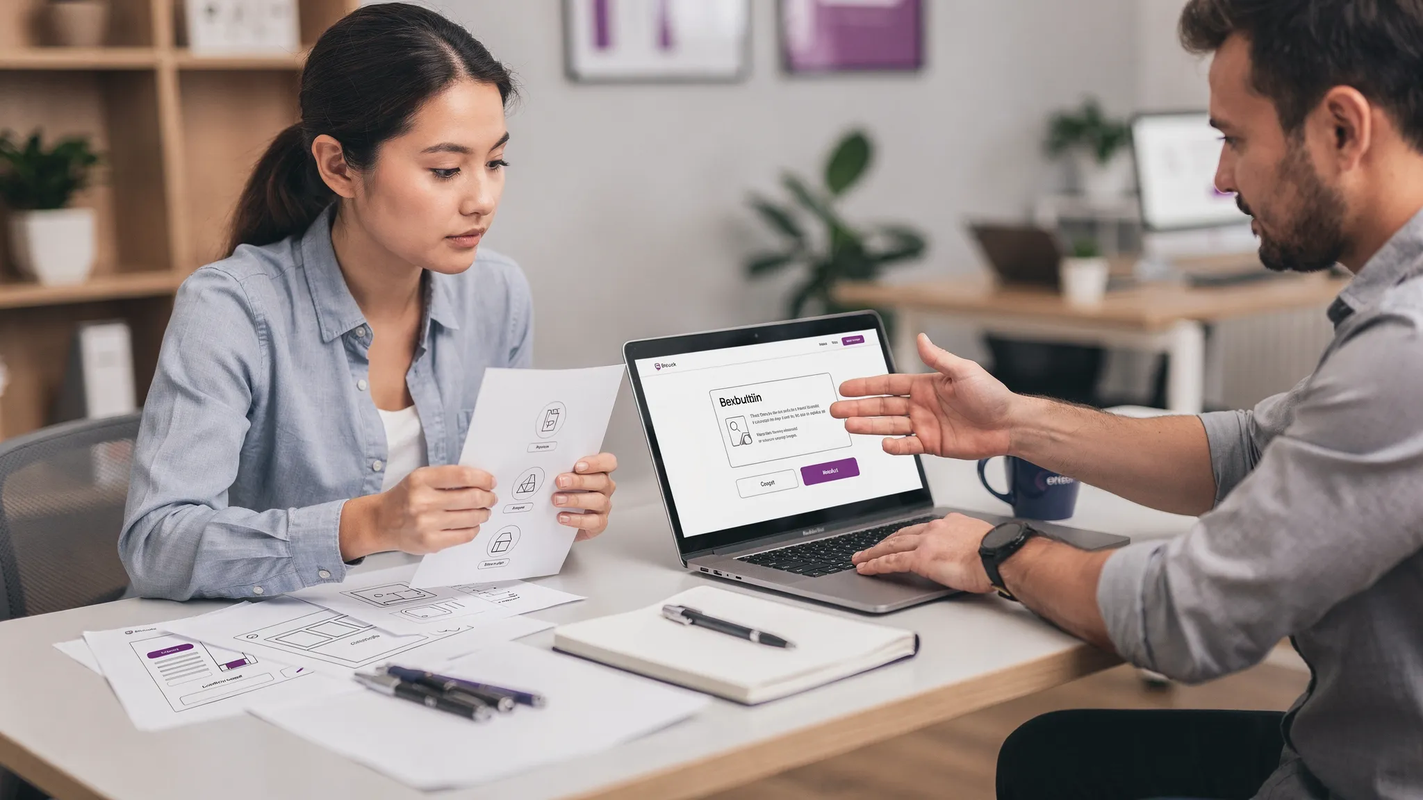 A small business owner meeting with a web developer at a desk, reviewing a simple website plan on a laptop and printed notes, with a calm professional workspace in the background.