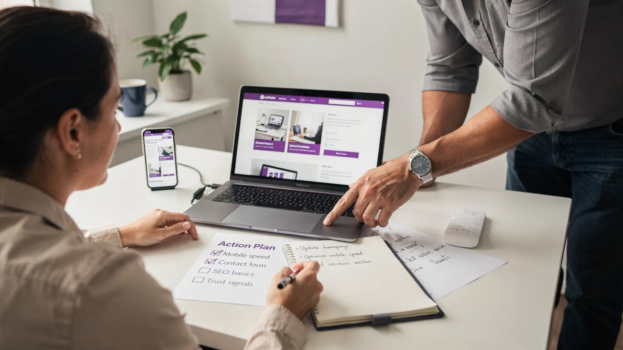 A small business owner reviewing a company website on a laptop while a developer points to a simple checklist showing mobile speed, contact form, SEO basics, and trust signals. The scene includes a notepad with a clear call-to-action plan and a phone displaying a mobile version of the site.