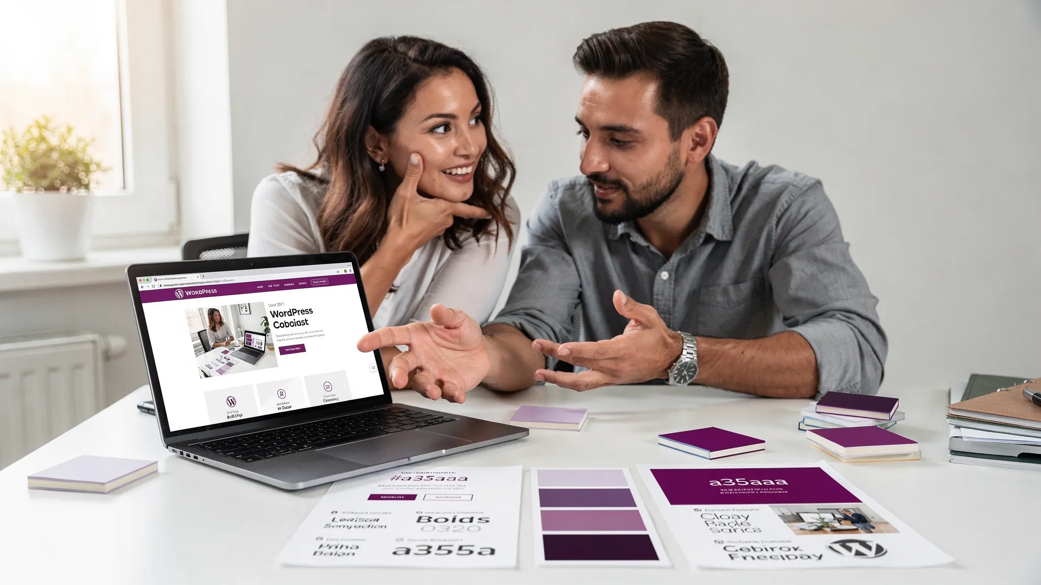 A small business owner sitting with a web designer at a desk reviewing a WordPress website mockup on a laptop, with printed brand colors and typography samples on the table, suggesting collaboration and planning.