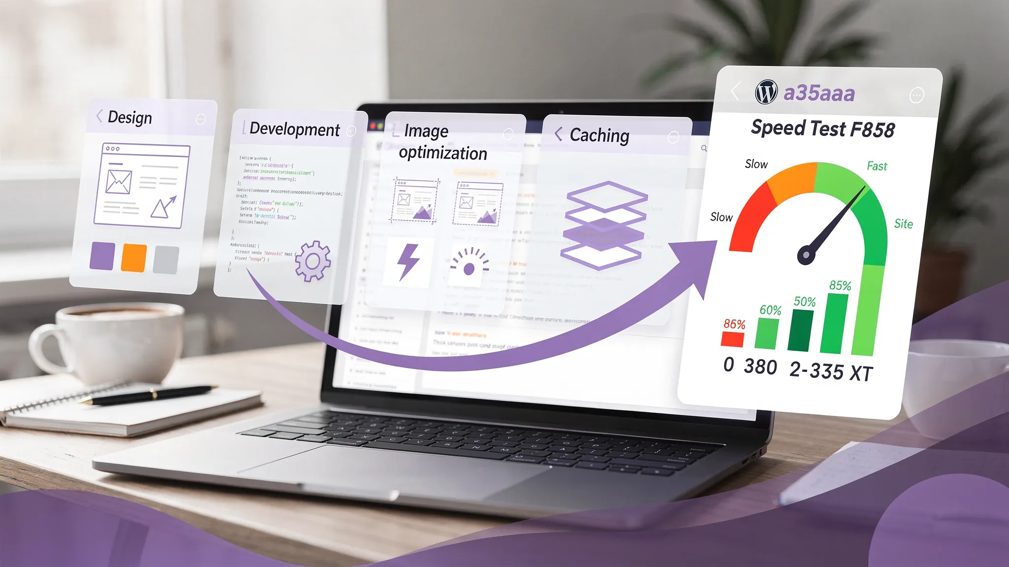 A small business WordPress site performance workflow illustration showing design, development, image optimization, caching, and a speed test score improving from slow to fast.