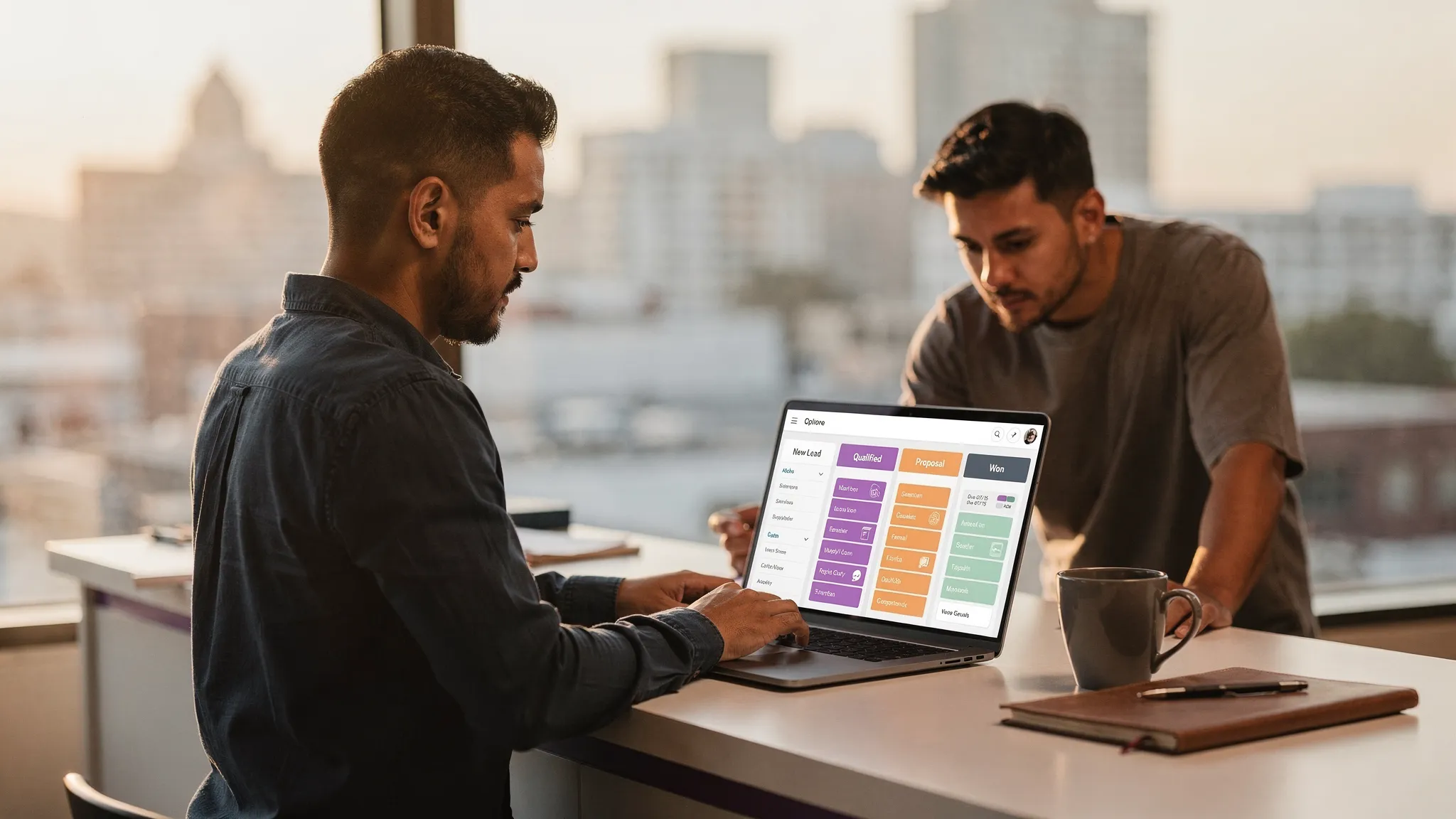 A small Los Angeles service business owner reviews a simple sales pipeline on a laptop at a counter, with a coworker nearby and the downtown LA skyline faintly visible through the window. The screen shows columns like New Lead, Qualified, Proposal, Won, with color-coded cards and due-date badges.