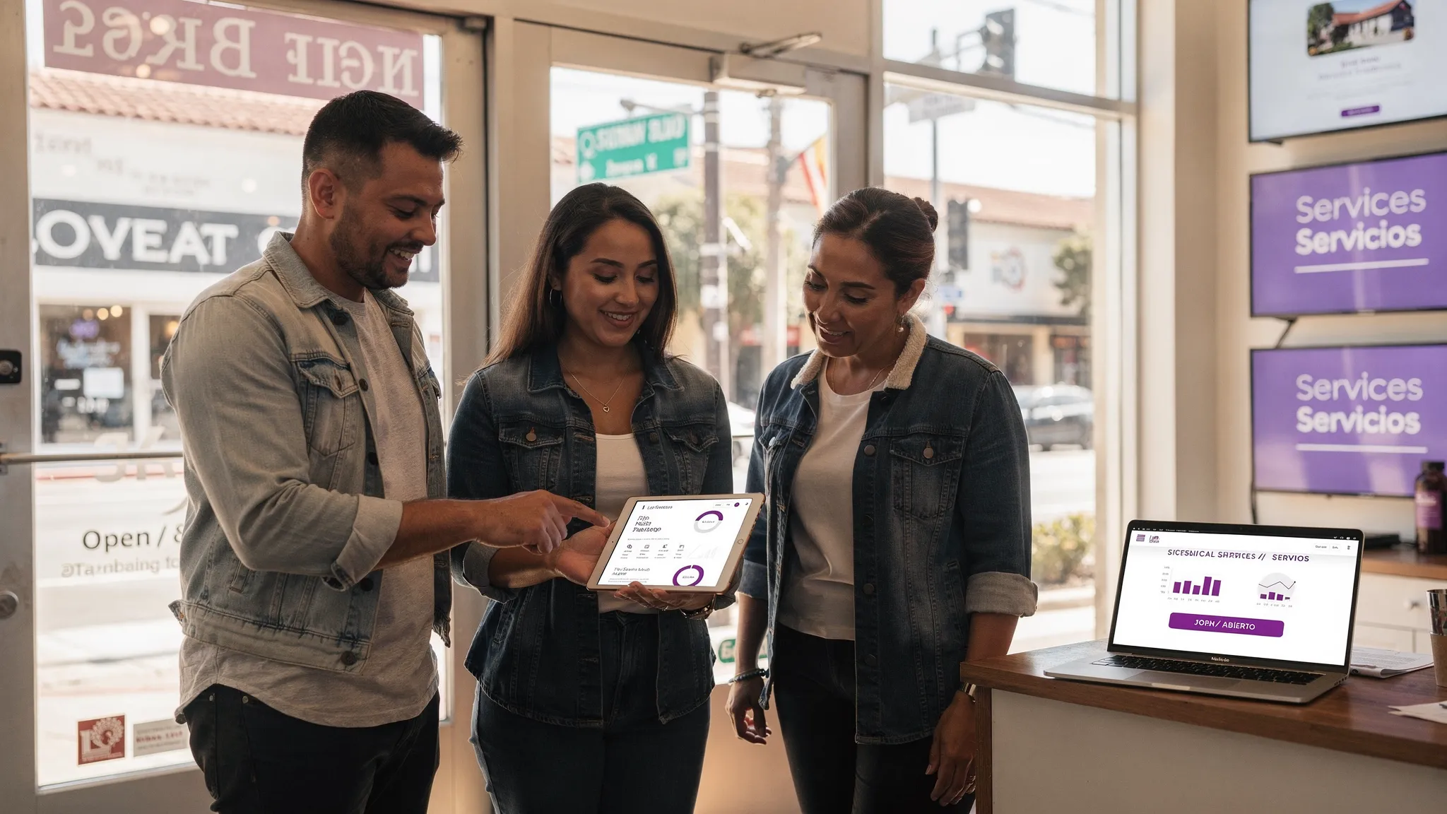 An LA small business owner standing in a bright storefront, reviewing website analytics on a tablet with two local web designers. Street signs for Los Angeles in the window, bilingual signage visible, and a laptop showing a clean service page with a prominent call to action.