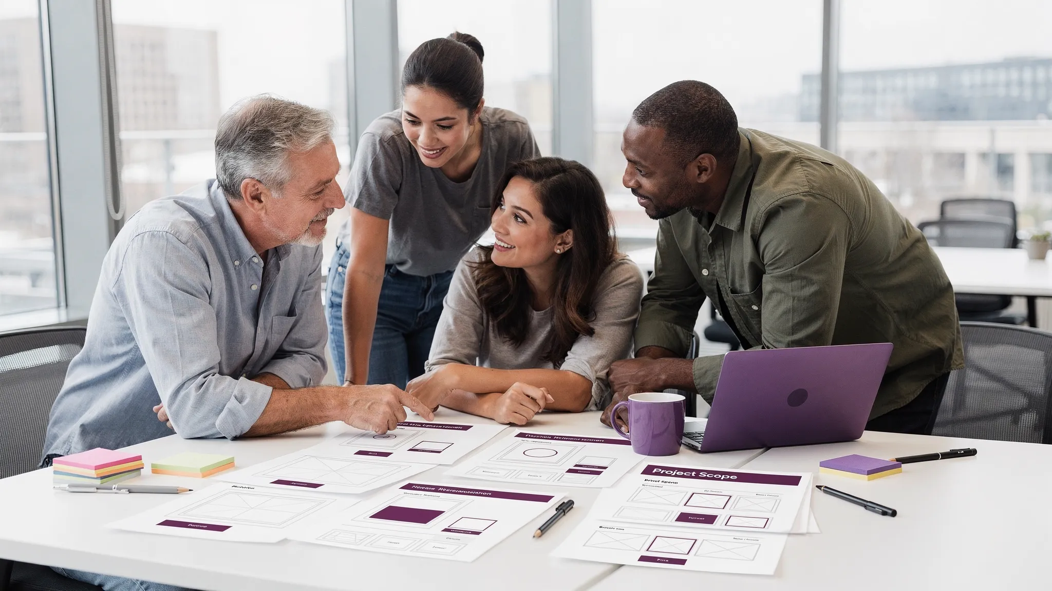 Photo of a small business owner meeting with a local web development team at a table, reviewing printed website wireframes and a project scope document.