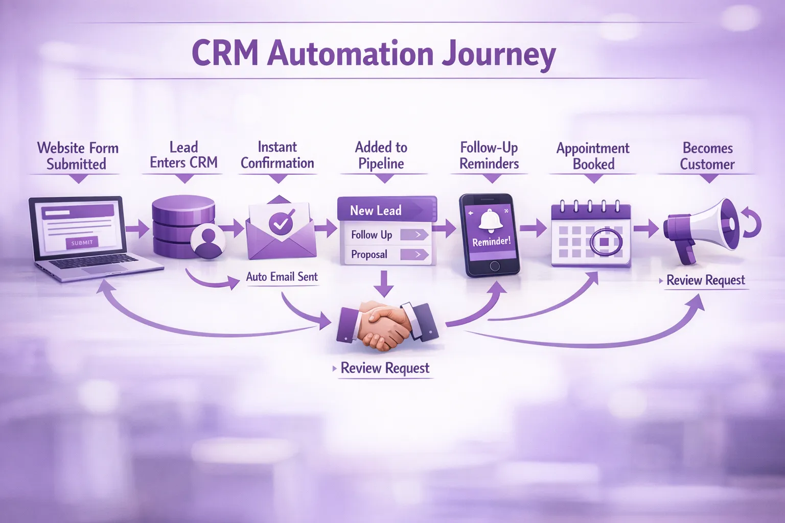 Simple diagram of a CRM automation journey: website form lead enters CRM, receives instant confirmation, gets assigned to a pipeline stage, receives follow-up reminders, books appointment, becomes customer, then gets a review request and reactivation reminder later.