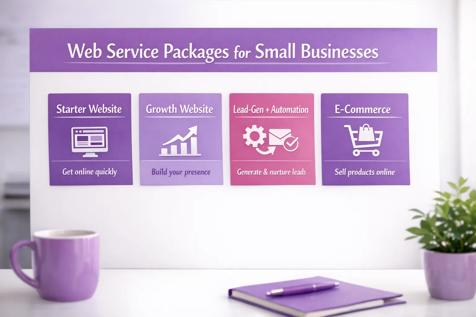 Simple diagram showing four common web service packages for small businesses: Starter Website, Growth Website, Lead-Gen + Automation, and E-commerce, with a short one-line goal under each.