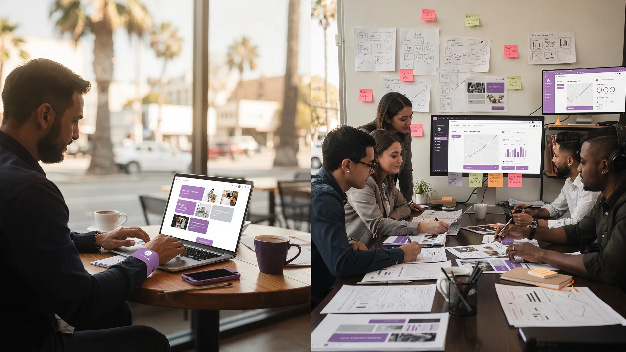 Split view showing on the left a small business owner using a drag and drop website builder on a laptop at a café, and on the right a local web design team collaborating over wireframes and performance reports in a studio, both scenes set in Los Angeles.